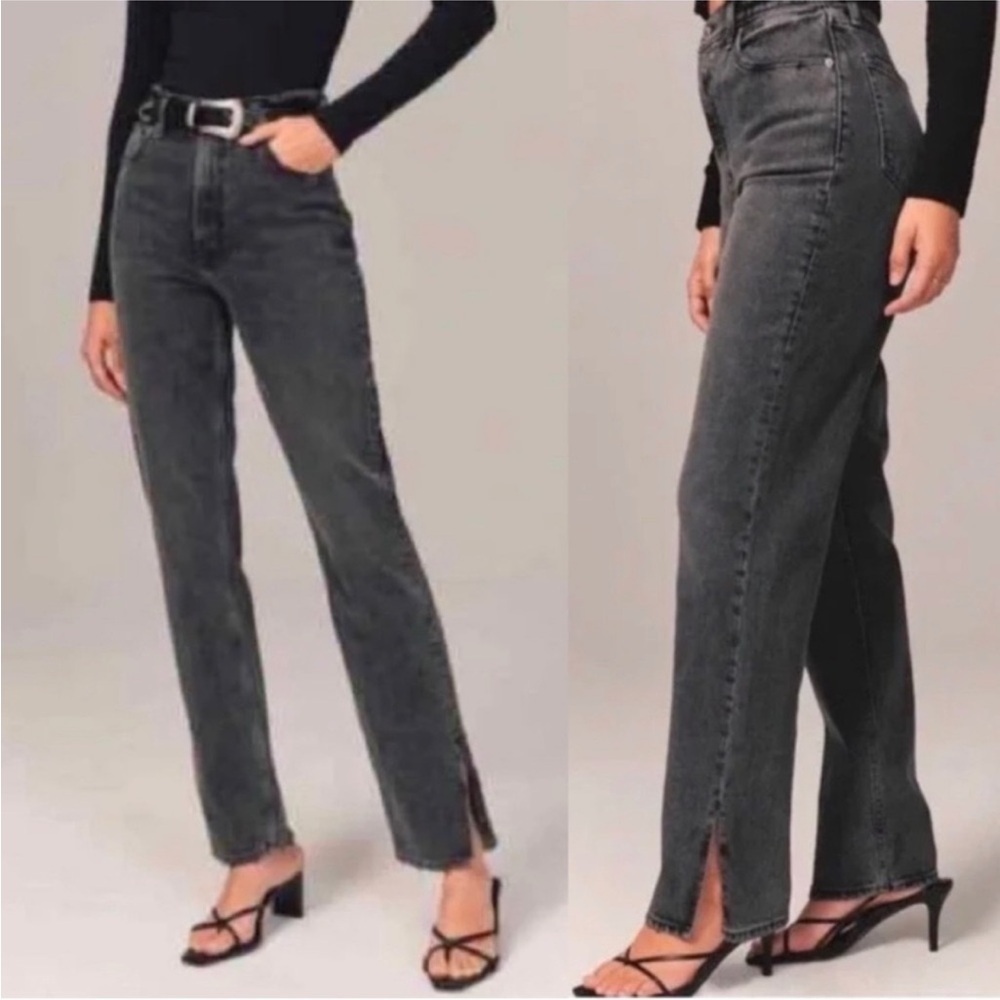 Abercrombie & Fitch Black Gray Curvy Love 90s Straight Ultra High Rise Split Hem